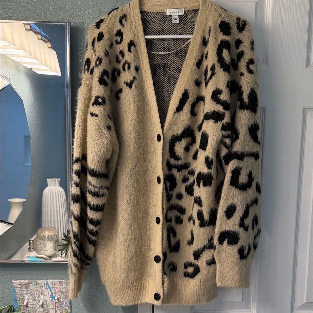 Top Shop Beige and Black Leopard-Print Button Cardigan